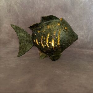Green Gold Metal Fish Tea Light Candle Holder Coastal Nautical Decor